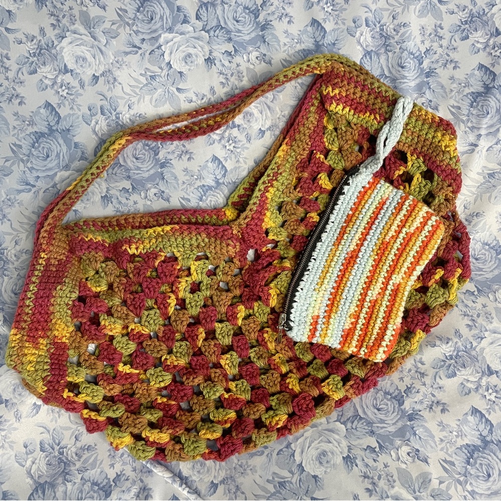 Hand Crochet Purse Green Yellow Red 70s Grandma Aesthetic Retro Hippy Boho Artsy
